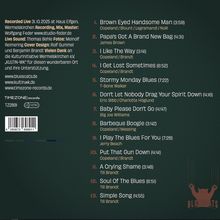 Trackliste mit 13 Titeln, darunter "Brown Eyed Handsome Man" und "Papa’s Got A Brand New Bag". Unten links ein Barcode. Rechts ein Logo mit Katze und "BLUESCATS".