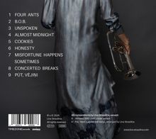 Titelliste: Four Ants, B.O.B., Unspoken, Almost Midnight, Cookies, Honesty, Misfortune Happens Sometimes, Concerted Breaks, Pūt, Vējiņi. Eine Person in einem eleganten, blaugrauen Kleid hält eine Trompete.
