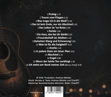 Trackliste mit Titeln wie "Prolog" und "Traum vom Fliegen". Dunkler Hintergrund, Akustikgitarrenmotiv links.