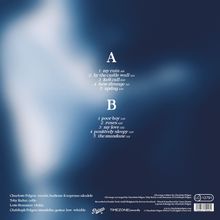 Text: "A: 1 my rain, 2 by the castle wall, 3 last call, 4 how strange, 5 spring. B: 1 poor boy, 2 roses, 3 my love, 4 positively sleepy, 5 the mundane." Hintergrund: Unscharfe blaue und weiße Bereiche.