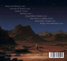 Texte: "Heart of Stone", "Clouds of Tears", "Father", "Home", "Huge Black Hole", "Sorrow's Lullaby", "Guardian Angel", "Enjoy Yourselves!". 

Illustration: Ein Kind steht in einer felsigen, außerirdisch wirkenden Landschaft unter einem sternklaren Himmel.
