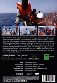 Text beschreibt die Seenotrettung von 104 Personen. Bilder zeigen Rettungsaktionen auf See mit Menschen in Rettungswesten.