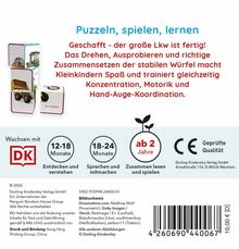 "Puzzeln, spielen, lernen" steht oben. Bild mit Würfeln, Text erklärt Vorteile von Spielen für Kinder ab 2 Jahren.