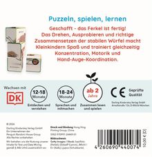 "Puzzeln, spielen, lernen" und "Geschafft - das Ferkel ist fertig!" Das Bild zeigt Würfel mit Bildern. Für Kinder ab 2 Jahre.