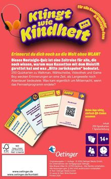 "Klingt wie Kindheit", oben Audiokassette, Kopfhörer. Nostalgie-Quiz, 250 Karten über Erinnerungen. QR-Codes. Ab 14 Jahre.