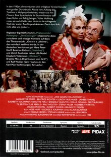 Texte beschreiben eine Komödie in Hollywood der 1930er mit Varieté-Künstlern und Sprachschule; Bild zeigt zwei Personen umarmt.