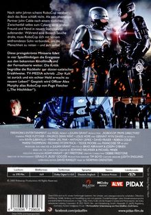 Text: "Nach zehn Jahren scheint RoboCop veraltet – doch das Böse schläft nicht. Als sein ehemaliger Partner John Cable..."  
Illustration: Zwei RoboCops in Rüstungen stehen sich gegenüber. Darunter kleinere Bilder aus einer Serie.