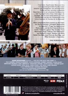 Texte: "Tuba-Huber, Kapellmeister Blasius...", "EINE MORDSGAUDI!", "HANS SCHAFFNER präsentiert..."  
Bild: Menschen in traditioneller Kleidung, musizieren und gesellig.