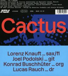 "Cactus" groß in Rot, Musiker: Lorenz Knauft (sax/fl), Joel Podolski (git), Konrad Buschhüter (org), Lucas Rauch (dr).