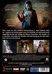 "Grauenhafter Survival Horror, der Atem raubt." Frau in rotem Hoodie, blutet, hält Waffe, düstere Umgebung mit Leichen, ängstlich