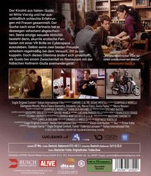 Ein Text beschreibt Guido, der mit negativen Erfahrungen bei Frauen kämpft, bis er Kellnerin Giulia trifft. Unten sind Filmszenen.