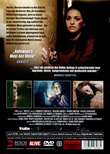 Ein abgenutztes Gesicht einer Frau an einer Wand angelehnt. Texte beschreiben einen Horrorfilm über Online-Dating-Gefahren.