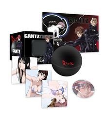 Texte "GANTZ" und auf schwarzem Ball rot "Gantz". Illustration von Charakteren in schwarzen Anzügen.