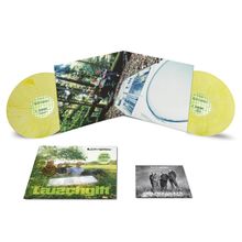 Zwei gelbe Schallplatten mit Cover: Menschen im Wald. Texte auf den Covern sind "Lauschgift" und "Der Picknicker".