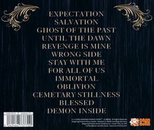 Eine Liste von Songtiteln: "EXPECTATION, SALVATION, GHOST OF THE PAST" usw. Verziert mit zwei stilisierten Mustern.