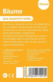"Bäume - Das Quartett-Spiel" steht oben. Unten Barcodes. Orange Hintergrund, Text in Weiß, Haupt-Logo in der Ecke.