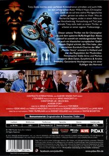 "Titel: ‚Murder Story‘, ca. 90 Min., Deutsch & Englisch, Thriller. Bild: Biker, rotes Auto, Mann mit Kerze, düstere Atmosphäre."