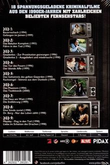 18 kriminalistische Filme der 90er mit TV-Stars. Aufgelistet sind Titel und Daten von 9 DVDs. Vier alte Fernseher zeigen Filmszenen.