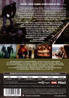 "Originell, schräg, spannend. Ein Ermittlerduo mit Pfiff." Zwei Personen in dunkler Kleidung in einem Wald, düstere Szenen.