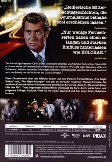 Zwei Zitate von Kritikern heben die Serie "Kolchak" hervor. Ein ernster Mann ist im Vordergrund, Bilder von Action-Szenen unten.