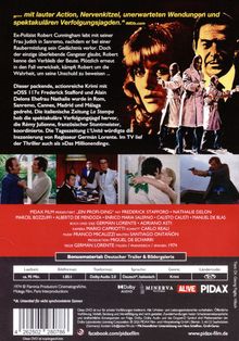 Rückseite einer DVD-Hülle: Actionreicher Krimi mit Ex-Polizist, Verfolgungsjagden, unerwartete Wendungen. Frederick Stafford.