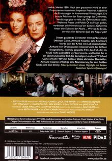 Texte: London, Herbst 1888. Inspektor Abberline ermittelt. Starbesetzung: Michael Caine, Armand Assante, Jane Seymour. Film mit Spannung. Caine erhielt Golden Globe. Bild: Zwei elegant gekleidete Personen.
