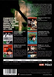 Ein Text beschreibt fünf Kriminalfilme mit bekannten Schauspielern. Coverbilder zeigen Filmposter und Darsteller. Unten sind Details zu Format und Sprache.