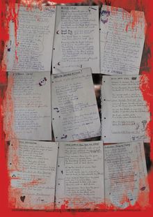 Handgeschriebene Songtexte auf Gitterpapier mit rotem Rand, dekorativ illustriert mit Skizzen und Kritzeleien.