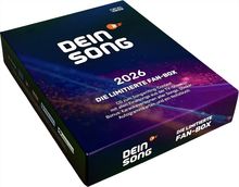 "DEIN SONG 2026, DIE LIMITIERTE FAN-BOX. Enthält CD, Karaoke, Sticker, Autogrammkarten, Notizbuch. Dunkles, buntes Design."