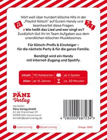 Hört über hundert kölsche Hits, beantwortet Fragen. Enthält 110 Ratekarten, ab 15 Jahren. Logo: PÄNZ Verlag.