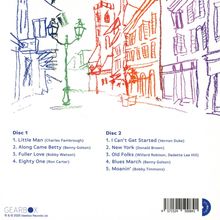 Disc 1: Little Man, Along Came Betty, Fuller Love, Eighty One. Disc 2: I Can’t Get Started, New York, Old Folks, Blues March, Moanin’. Skizze einer Straßenansicht in Blau, Grün und Rot.