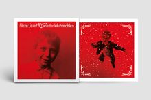 "Flake feiert wieder Weihnachten" in weißer Schrift auf rotem Hintergrund. Links ein lächelnder Junge, rechts Schneeflocken-Illustration.