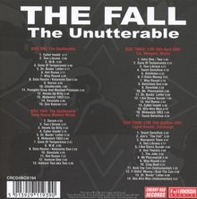 "THE FALL - The Unutterable" in großen Buchstaben. Trackliste mit Details zu vier Discs, darunter Titel und Zeiten.