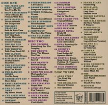 Das Bild zeigt eine Titelliste für drei CDs mit verschiedenen Bands und Songs. Oben links steht "DISC ONE", gefolgt von Titeln wie "You Trip Me Up" von "THE JESUS AND MARY CHAIN" und "I Don't Wanna Be Friends With You" von "SHOP ASSISTANTS". Unten sind "DISC TWO" und "DISC THREE" in Pink und Gelb.