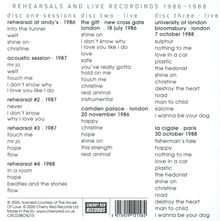 Proben und Live-Aufnahmen 1986-1988, mit Titeln und Orten wie "Rehearsal at Andy’s 1986" und "The Gift, London, 1986".