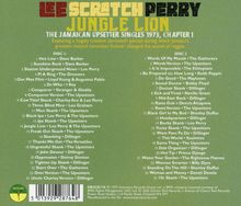 Texte: "LEE SCRATCH PERRY JUNGLE LION", gefolgt von Liedtiteln und Künstlern auf zwei CDs. Grüner Hintergrund.