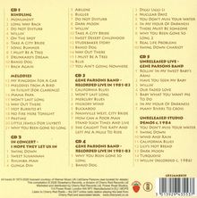 Texte: CD 1 "KINDLING", CD 2 "IN CONCERT", CD 3 "GENE PARSONS BAND", CD 4, CD 5 "UNRELEASED LIVE".

Gelbe Hintergrundfarbe, schwarzer Text.