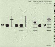 björk | biophilia remixes | part seven | mutual core | 16-bit remix. Stilisiertes Design auf strukturiertem Hintergrund.