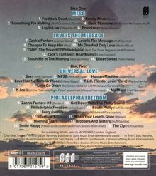 Text der Trackliste in mehreren Kategorien: "Disc One: MFSB" mit Titeln wie "Freddie's Dead", "Family Affair". Weitere Kategorien: "Love is the Message", "Universal Love", "Philadelphia Freedom". BGO Records-Logo unten. Hintergrund zeigt Wolken.
