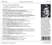 "Malcolm Binns: A 90th Birthday Tribute" - Übersicht von Musikstücken auf 4 CDs mit Pianokonzerten, einschließlich Beethoven und Chopin.