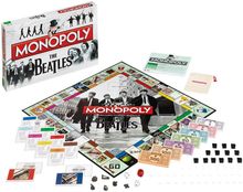 Text: "Monopoly The Beatles." Ein spezielles Monopoly-Brettspiel mit Beatles-Thema, inklusive Spielbrett, Geld und Karten.