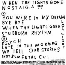 Handgeschriebene Trackliste und Musiker-Credits. Enthält die Titel "WHEN THE LIGHTS GONE" und "NOSTALGIA 77".