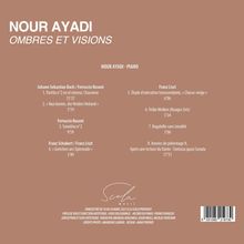 Ein brauner Hintergrund mit weißem Text: "Nour Ayadi - Ombres et Visions". Musikstücke von Bach, Busoni, Schubert, Liszt. Scala Logo unten.