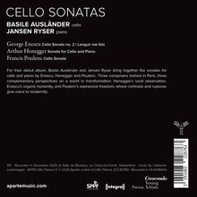 "CELLO SONATAS" steht oben, darunter Namen der Künstler: Basile Ausländer (Cello), Jansen Ryser (Klavier). Text beschreibt Stücke von Enescu, Honegger, Poulenc. Links auf Schwarz.