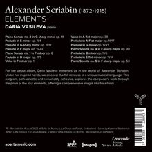 "Alexander Scriabin (1872–1915) ELEMENTS DARIA VASILEVA piano" gefolgt von einer Liste von Klavierwerken und einem Begleittext.
