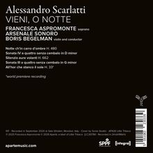 Cover mit Text: Alessandro Scarlatti, "Vienio, o notte". Details zu Musikern und Tracks. Design mit schwarzem Hintergrund.