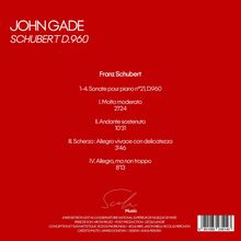 Text: "JOHN GADE SCHUBERT D.960, Franz Schubert, Sonate pour piano n°21. Scala Music." Roter Hintergrund, minimalistische Gestaltung.