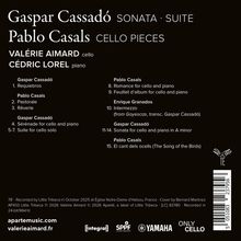 Gaspar Cassadó, Pablo Casals, Valérie Aimard (Cello), Cédric Lorel (Piano). 15 Musikstücke aufgelistet. Logos unten.
