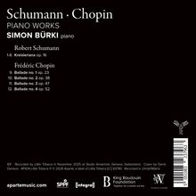 Schumann · Chopin: PIANO WORKS, Simon Bürki piano, Werke von Schumann und Chopin aufgelistet. Schwarzer Hintergrund.