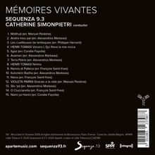"MÉMOIRES VIVANTES, SEQUENZA 9.3, CATHERINE SIMONPIETRI conductor" oben, darunter eine Liste mit 15 Musikstücken. Unten Logos.